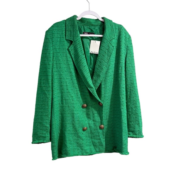 Zara Textured Double Breasted Blazer Tweed Longline Fall Boho Green Sz Large NWT - Picture 4 of 11